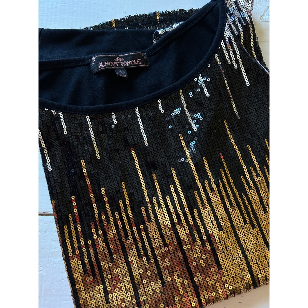 Almost Famous Sequin Ombre Top XL Black Gold Silver Short Sleeve‎ Party Blouse